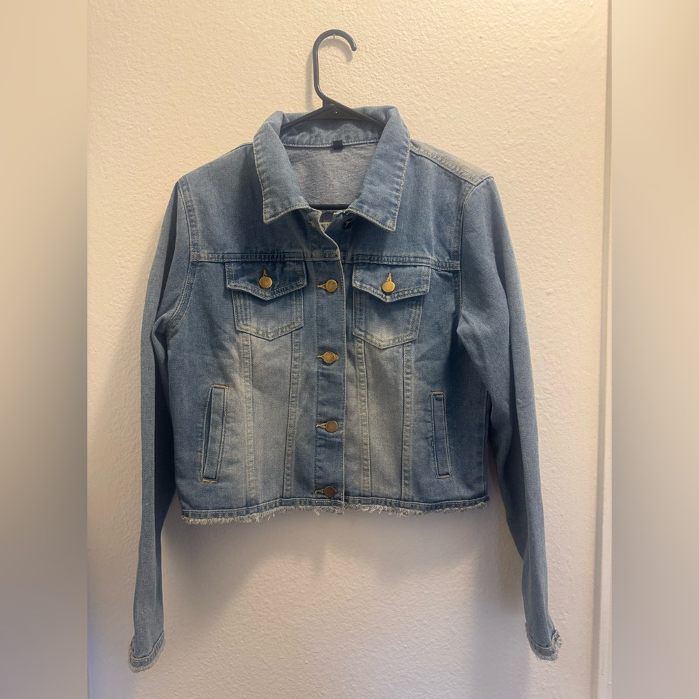 Gold and Blue Cropped Jean Jacket with Classic Collar